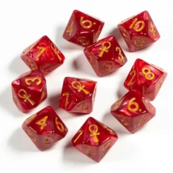 Raven Queen Dice Set - Dadi Vampiri con Ankh Rosso Rubino/Oro (10)