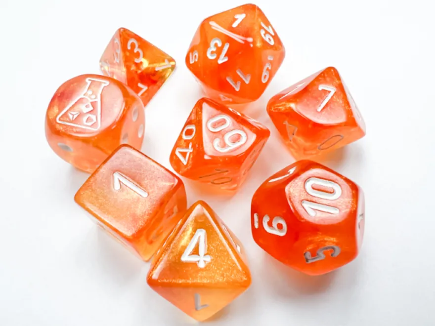 Set 7 Dadi Borealis Poliedrici Luminescenti - Arancione-Sangue/Bianco